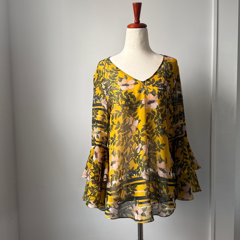 CAbi Yellow Floral Sheer Blouse with Ruffle Sleeves Size Small Relaxed Fit